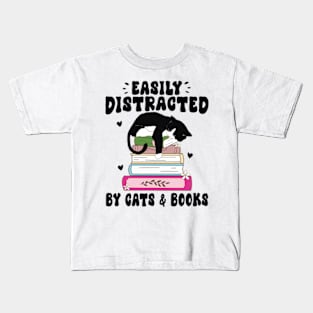 Easily Distracted By Cats And Books Kids T-Shirt